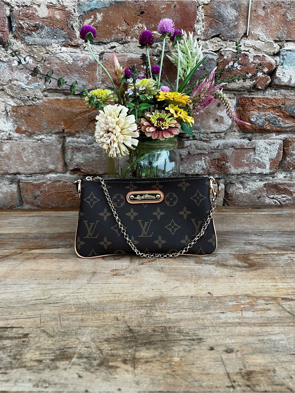 Faux Louis Vuitton Monogram Chain Clutch in Brown